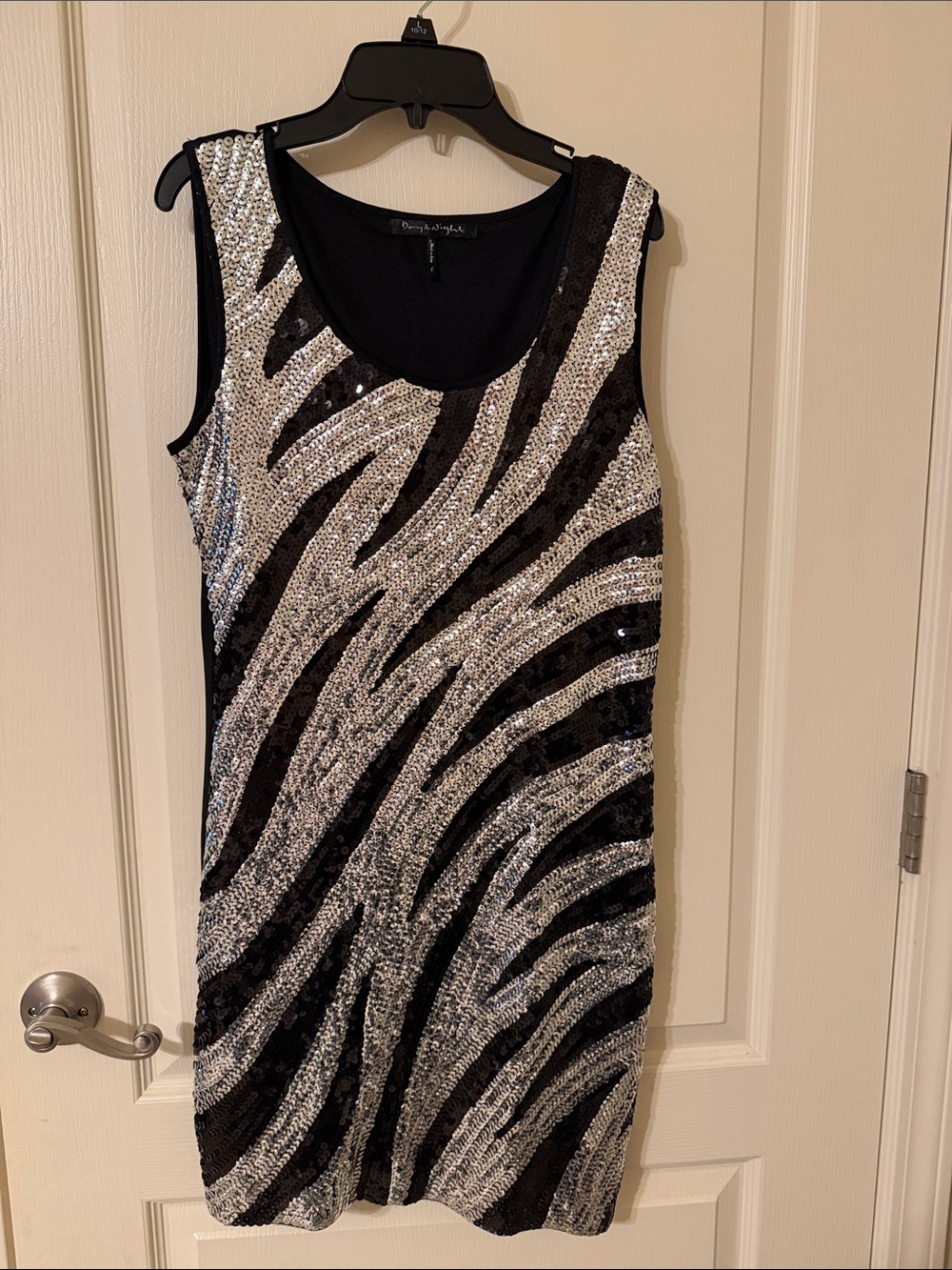 Sequin Zebra Sheath Dress in Black & Silver by Betsey Johnson